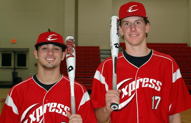 Michael Louis, left, had two hits and two RBIs to lead the Express in their season opener against No. 3 Louisburg. Clayton Ruch, right, added one hit in his Express debut. Photo by Nicholas Huenefeld/Owens Sports Information