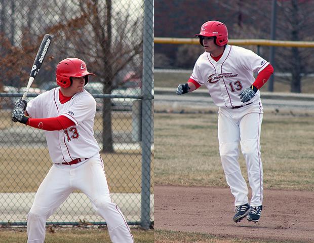Michael Finch, pictured here at bat and on the bases, led the Express offense with six hits today. Photos by Nicholas Huenefeld/Owens Sports Information
