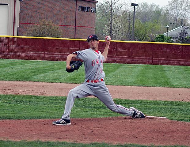 Kyle Bennett delivers a pitch during a late season game against Cuyahoga Community College. The freshman was named Co-Pitcher of the Year in the OCCAC. Photo by Nicholas Huenefeld/Owens Sports Information