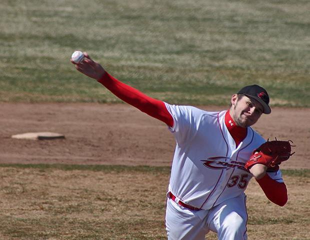 Tyler Huth delivers a pitch in today's first game. The freshman tied the single game strikeout record with 14. Photo by Nicholas Huenefeld/Owens Sports Information