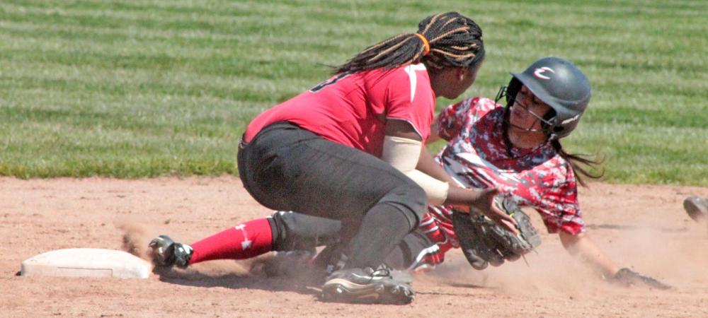 Jacey Gray steals second in today's doubleheader. Photo by Nicholas Huenefeld/Owens Sports Information